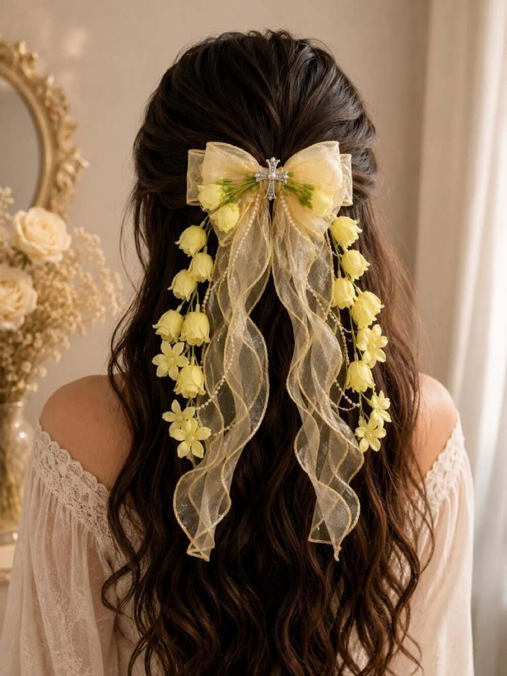 Coquette Yellow Floral Sheer Ribbon Cross Hair Bow Clip